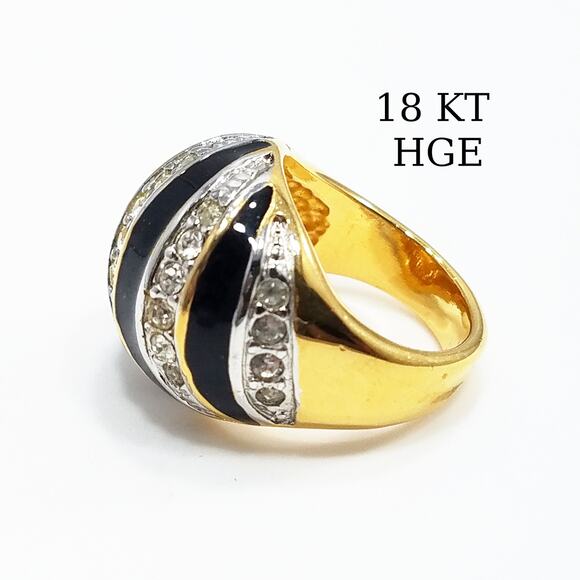 Vintage Cocktail 18 KHGE Ring, Black Enamel, Clear Rhinestones, Size 5, 1990s - Picture 2 of 10